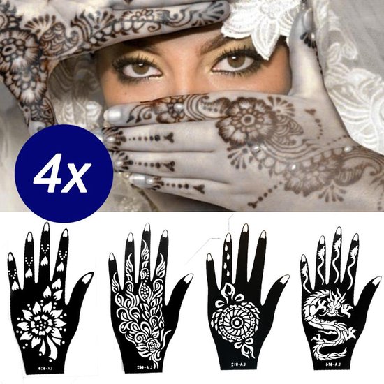 Henna sjabloon pack - 4 ontwerpen van 2 stuks Arabische zelfklevende sticker...