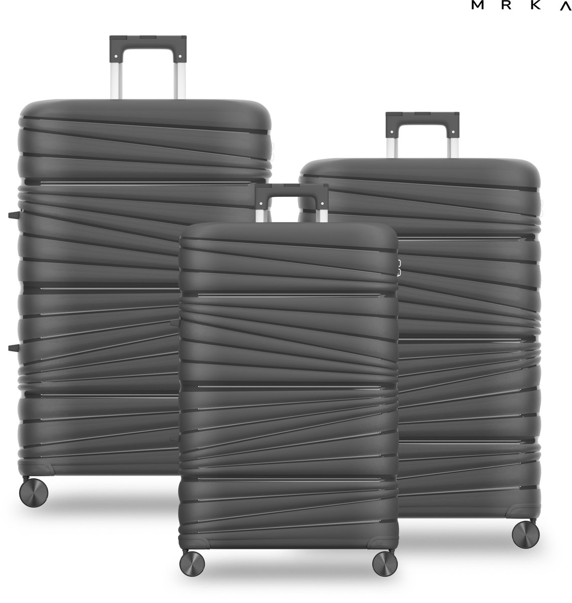 MRKA® Santiago - Reiskoffer set 3-delig (S + M + L) - Donker Grijs - Koffers - Kofferset - Drie Koffers - Driedelig Kofferset - Koffer - Luggage - Valies - Reisbagage - Polypropyleen Koffer - TSA Slot - 360° Wielen - 37, 60 en 91 Liter