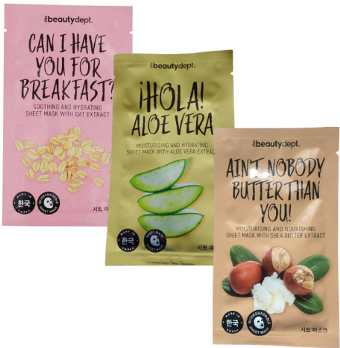 The Beauty Dept. Sheet mask - Koreaanse Gezichtsmasker - Set van 3 | 3x 20ml - Havermout - Aloë Vera - Sheaboter | Korean Beauty Sheetmask - Hydraterend - Verzachtend - Herstellend