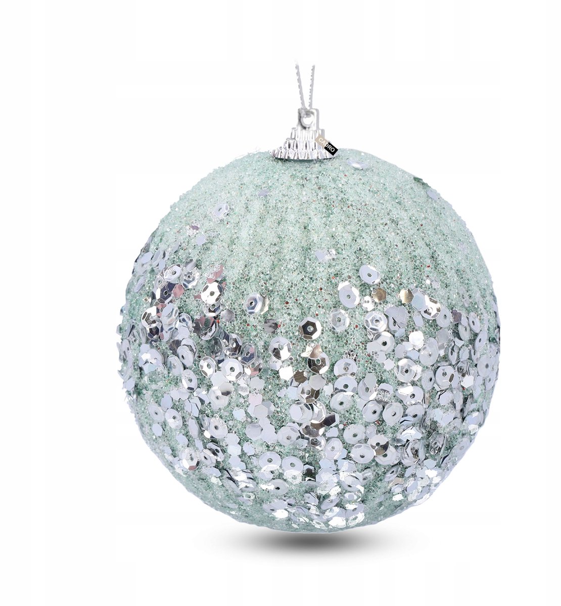 Groene kerstbal met pailletten, 8 cm groot, van Cadro. Feestelijke kerstboomversiering in kerstsfeer.