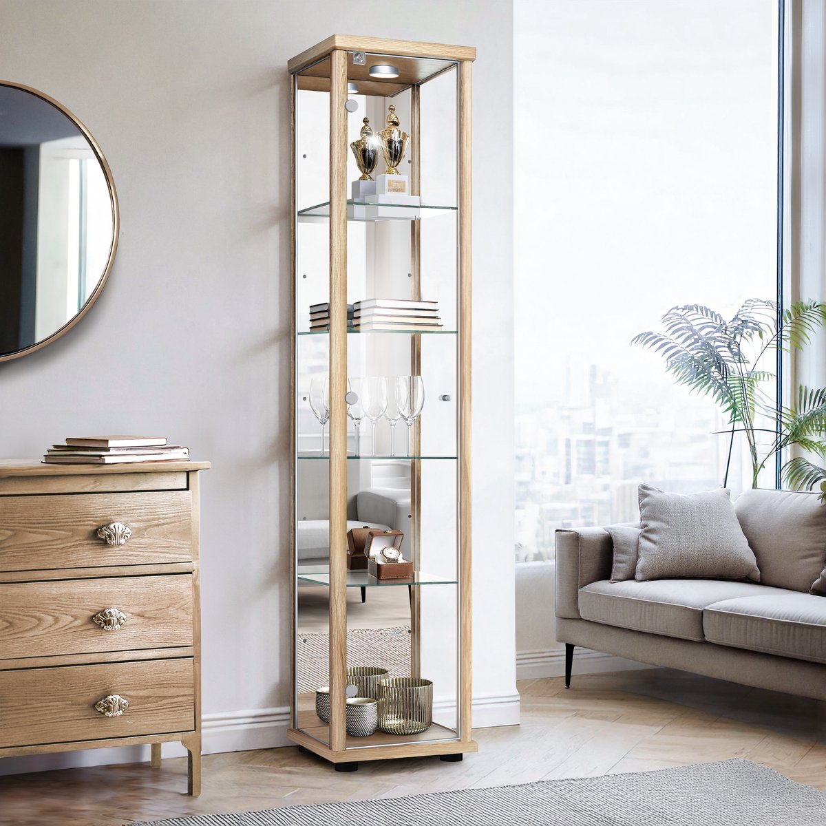 K-Möbel Vitrinekast met glas staand met 1 deur, 4 in hoogte verstelbare glasplanken, spiegel & slot - Vitrinekast met led verlichting - 176x37x33 cm - Beukenhoutkleur