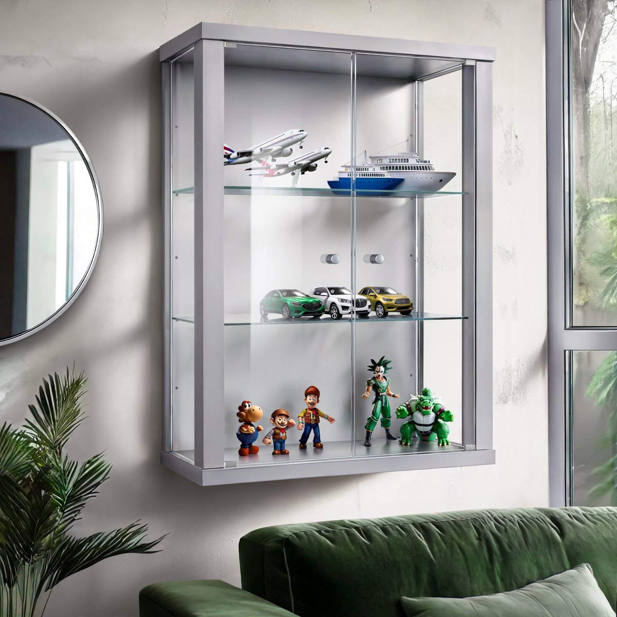 K-Möbel Vitrinekast hangend met 2 deuren & 2 in hoogte verstelbare glasplanken - 80x60x25 cm - Zilverkleurig
