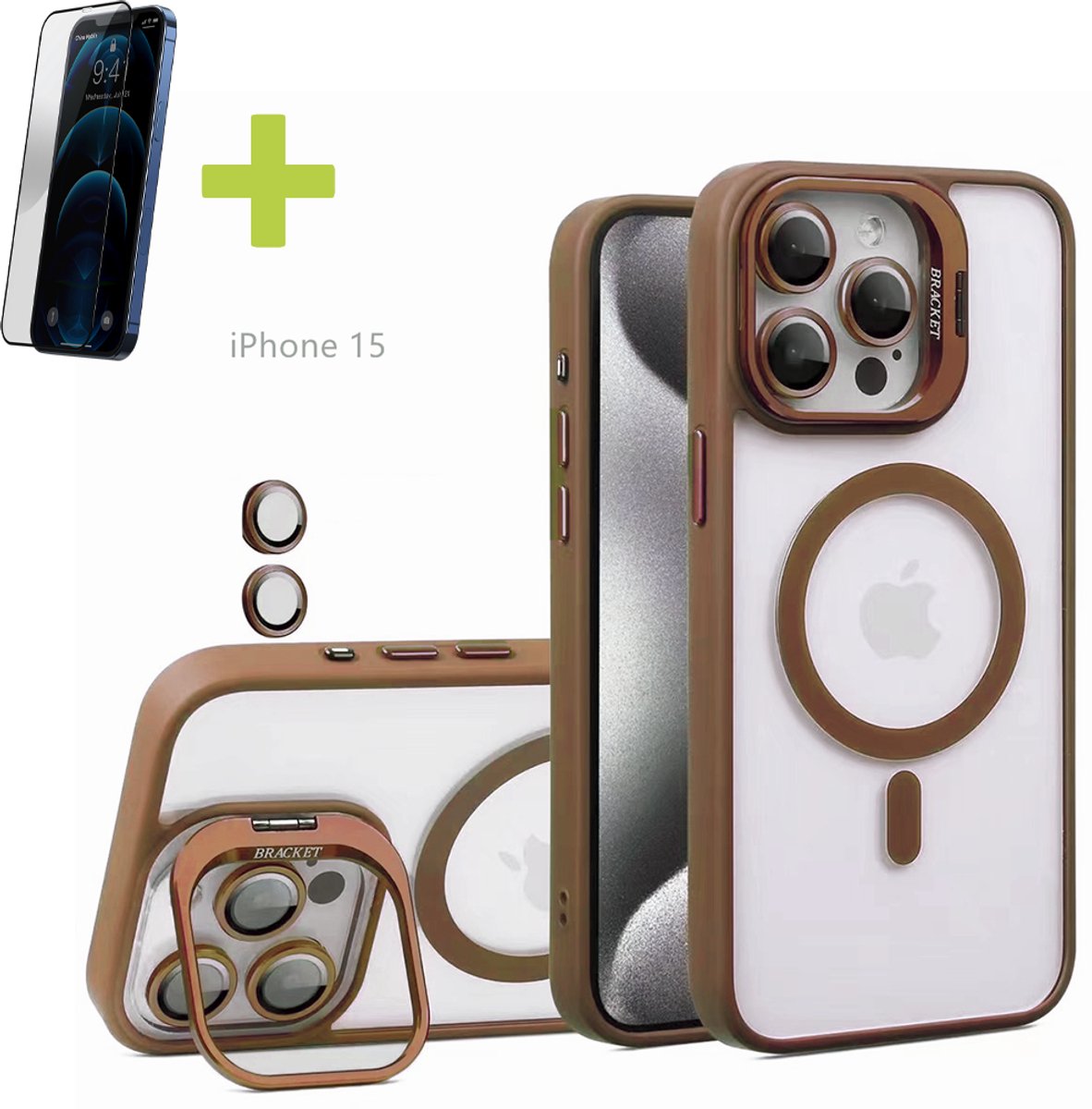 Standaards Hoesje voor iPhone 15, Compatibel met MagSafe Hoes, Acryl + TPU Case met Metaal Camerafolie, Transparant, Goud - Screenprotector