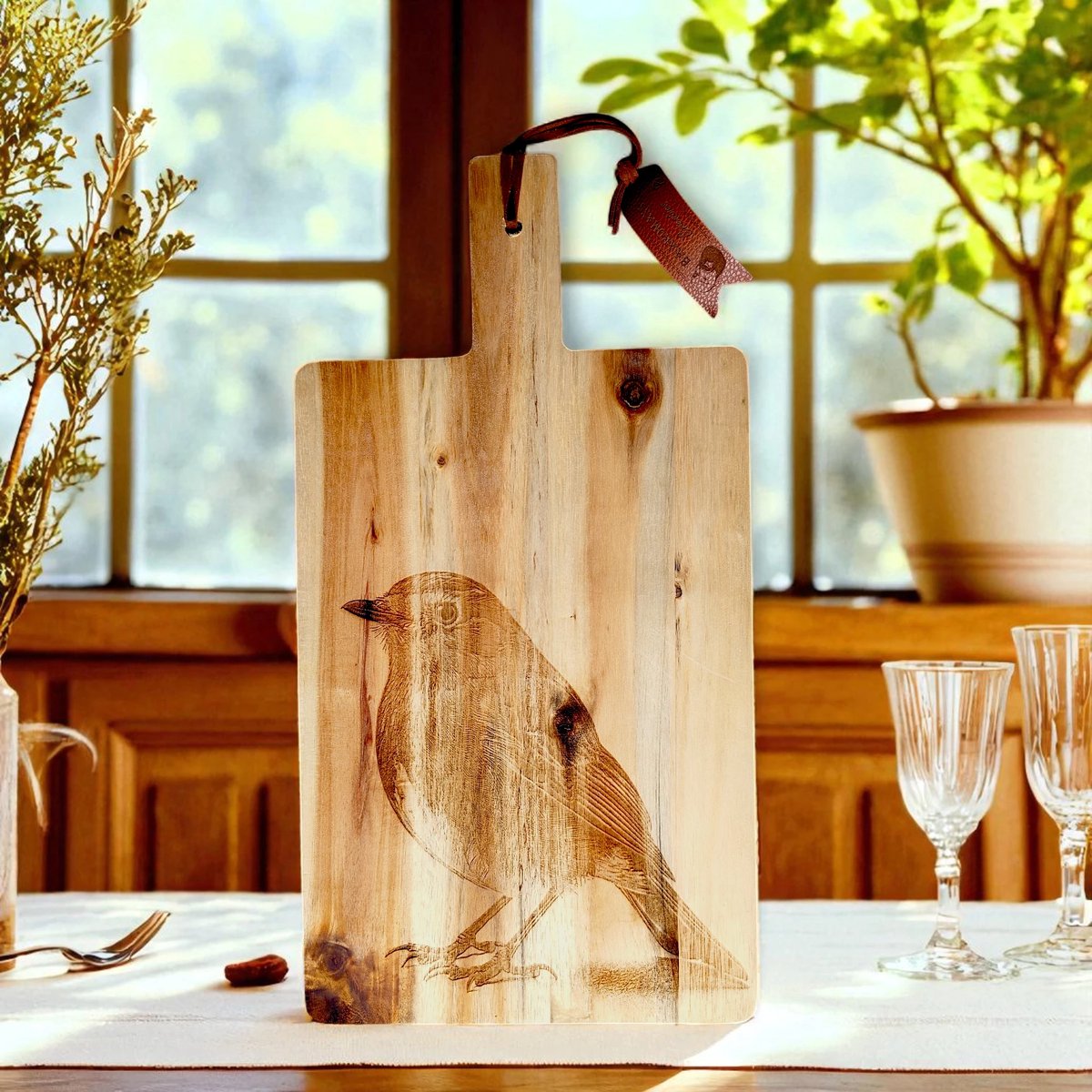 Baardmans Creaties - Luxe plantaardig geoliede acacia houten plank rechthoek “Roodborstje”