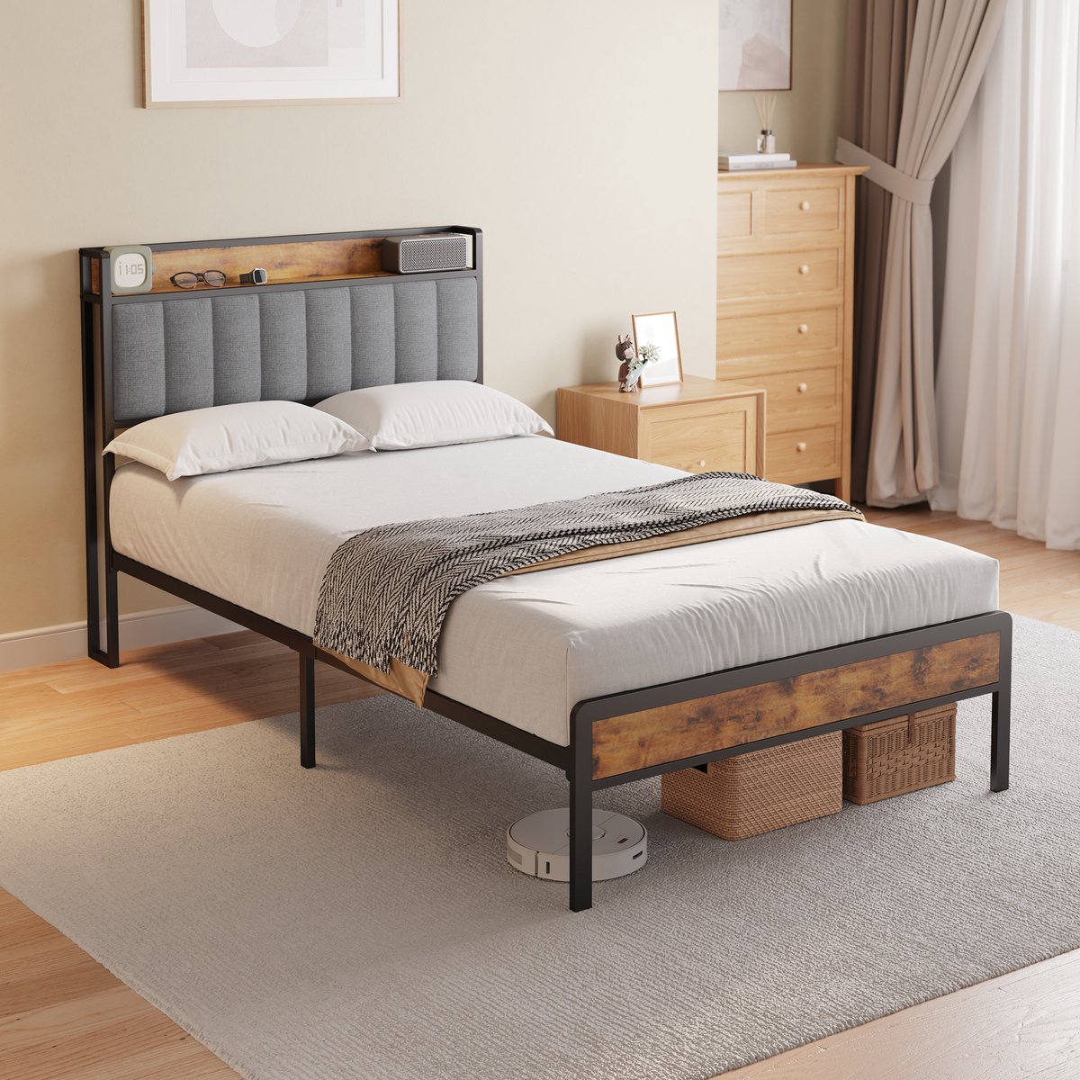 Xbro Gestoffeerd Bed 120 x 200 cm - Tweepersoonsbed met 35 cm Opbergruimte - Lichtgrijs