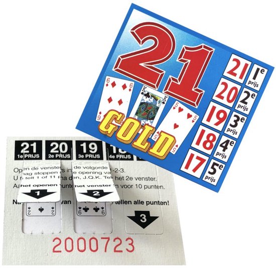 Spelkaart met '21 GOLD' en kaarten, prijzen van 21 tot 17 euro. Met open te maken vensters met getallen 1, 2, 3.