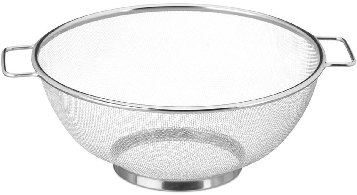 RVS vergiet 26 cm keukenhulp pasta afgieten salade handvat en ring voet, zilver