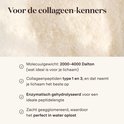 Close-up van collageenpoeder met tekst over molecuulgewicht en peptide lengte.