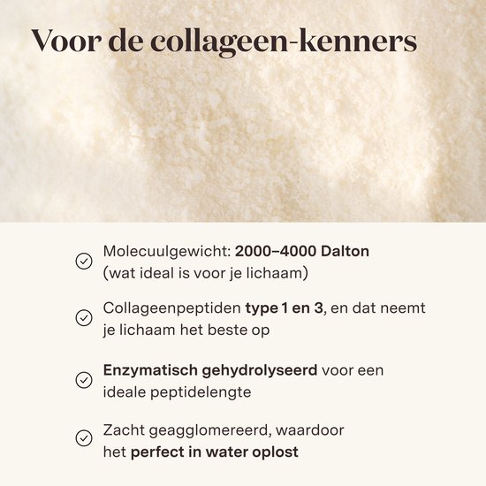 Close-up van collageenpoeder met tekst over molecuulgewicht en peptide lengte.