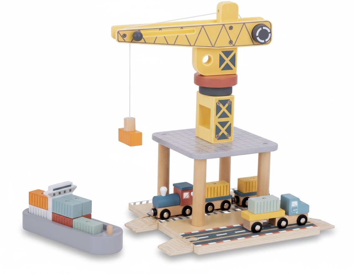Tooky Toy® Houten Speelgoed Haven Hijskraan - Stimulerend houten Montessori speelgoed – Duurzaam, Educatief en Creatief spel voor Kinderen om Zelfredzaamheid en Vaardigheden te Ontwikkelen