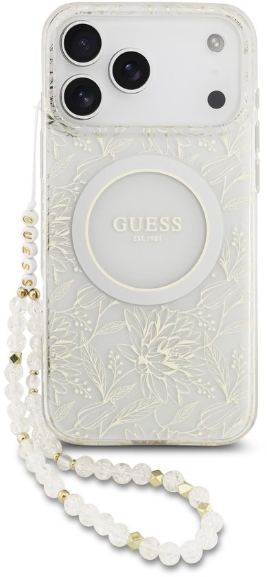 Guess IML Flowers Allover geschikt voor iPhone 17 Pro Max hoesje - MagSafe compatibel en Koord - Wit