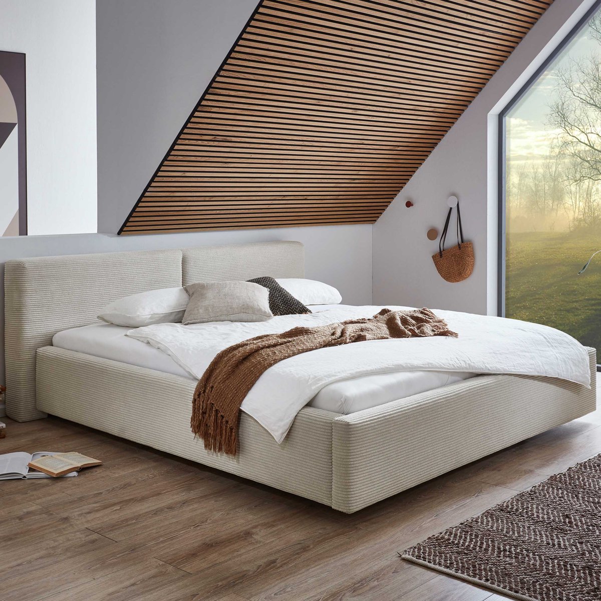 Tweepersoonsbed Kubrik 180 X 200 Cm Ribfluweel - Beige - Meise - Tweepersoons Gestoffeerd Bed - Beige - Textiel Tweepersoons Normaal Bed