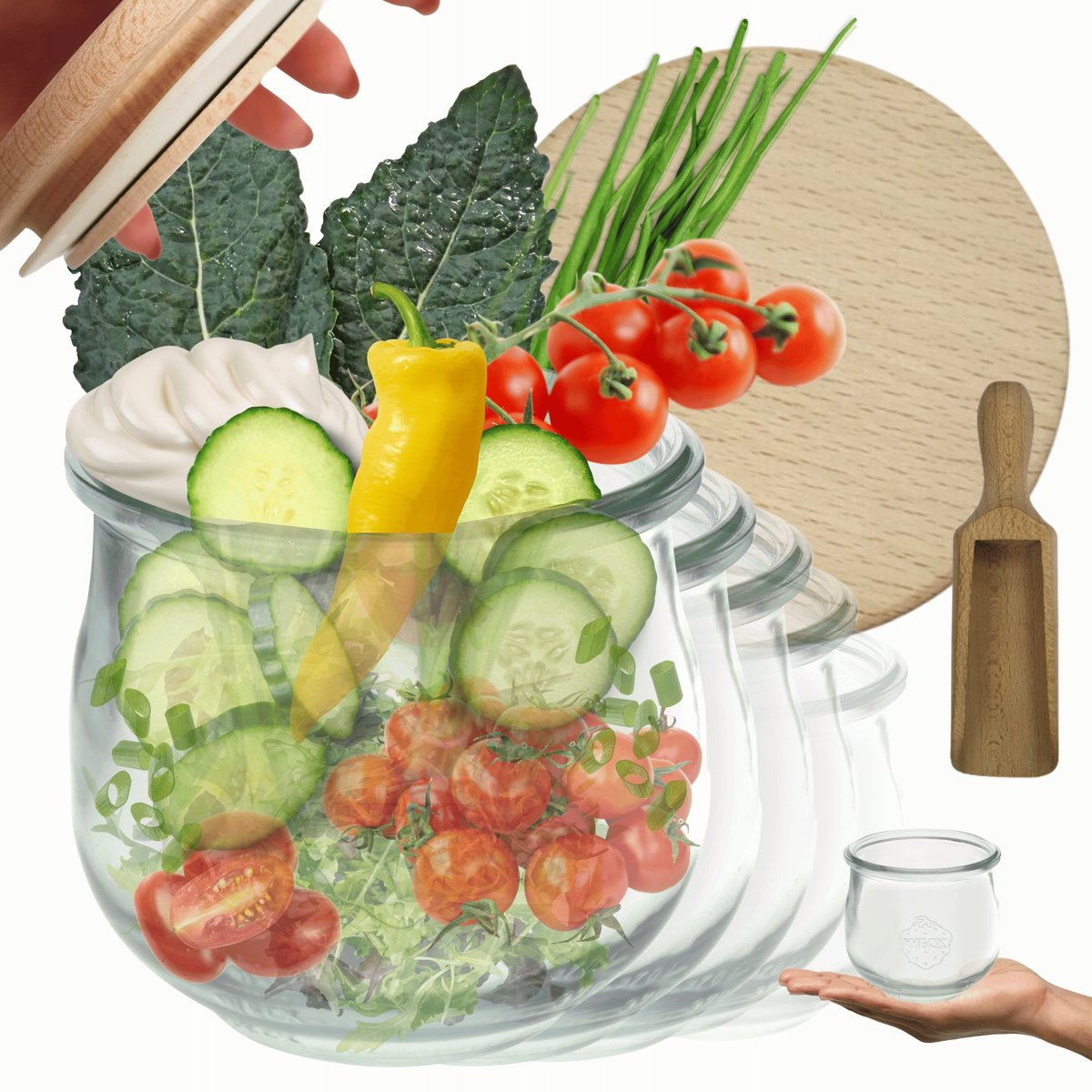Weck Potten 370ml met Houten Deksel en Maatbeker - 6 Stuks