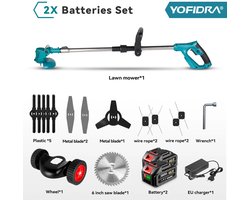 CYRO - Elektrische grasmaaier - Grasmaaier - Grastrimmer - Opvouwbare draadloze grastrimmer - Elektrisch gereedschap - 1500W - 2x388VF Batterij Set