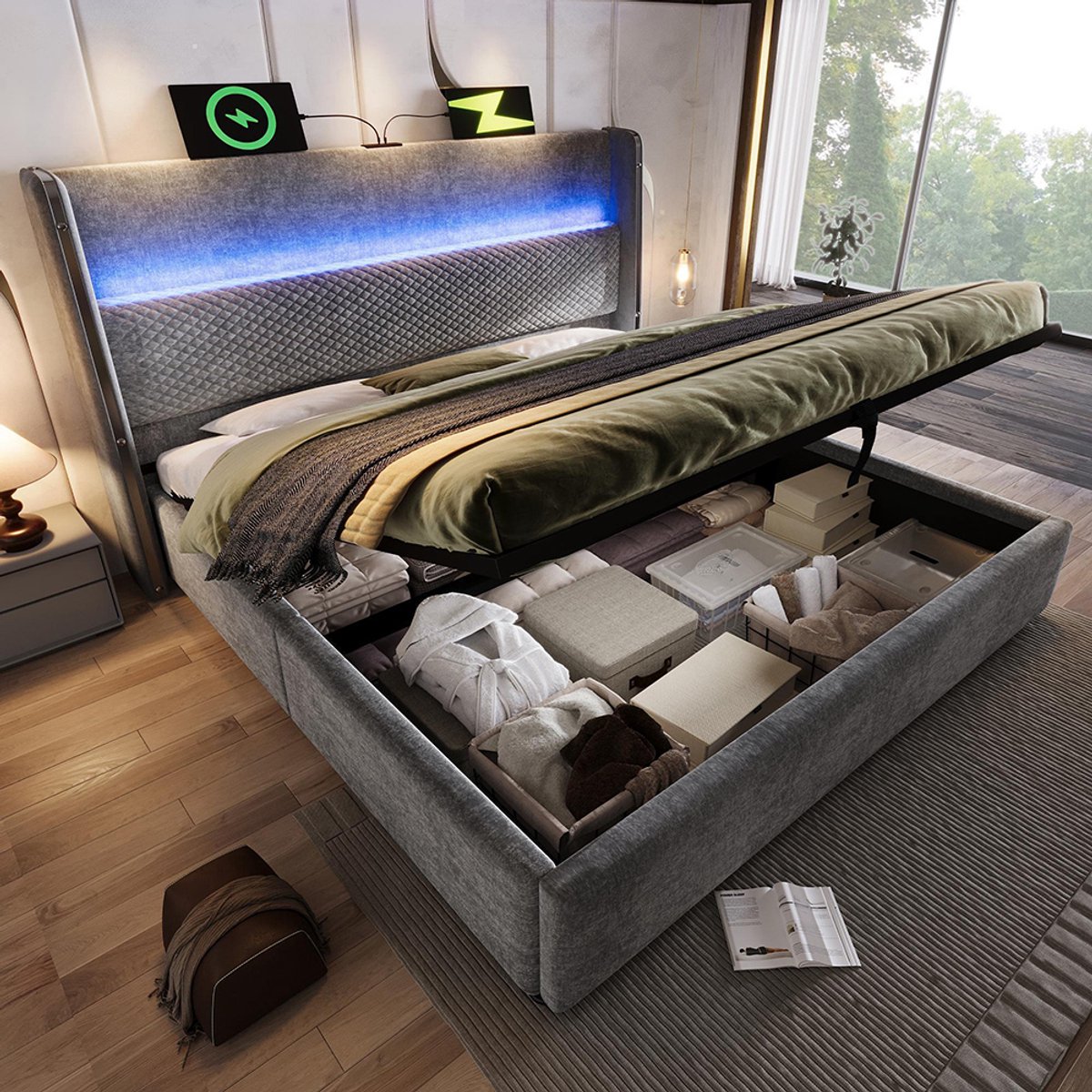Pugsdrly Modern hydraulisch bed met hoog hoofdeinde, tweepersoonsbed 140 x 200 cm met ledverlichting, opbergruimte en USB/Type-C-poorten, grijs linnenlook (zonder matras)