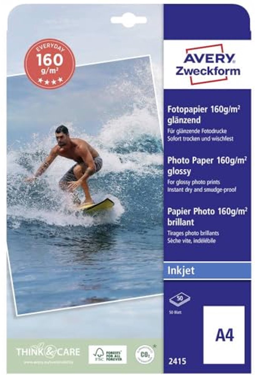 Glanzend A4 Inkjet Fotopapier - 50 Vellen, 160 g/m², Veegvast en Direct Droog