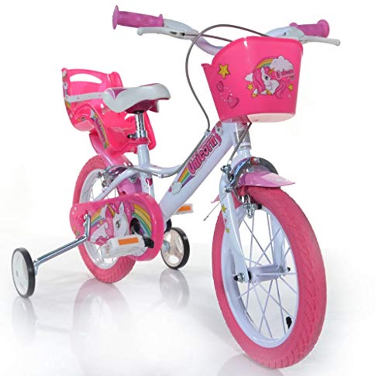 Eenhoorn Kinderfiets 14 Inch - Wit/Roze met Zijwieltjes en Fietsmand