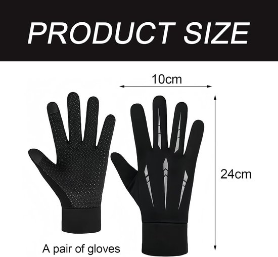 Een paar zwarte handschoenen, met afmetingen van 10cm breed en 24cm lang. De linker handschoen heeft een antislip palm, de rechter heeft reflecterende strepen.