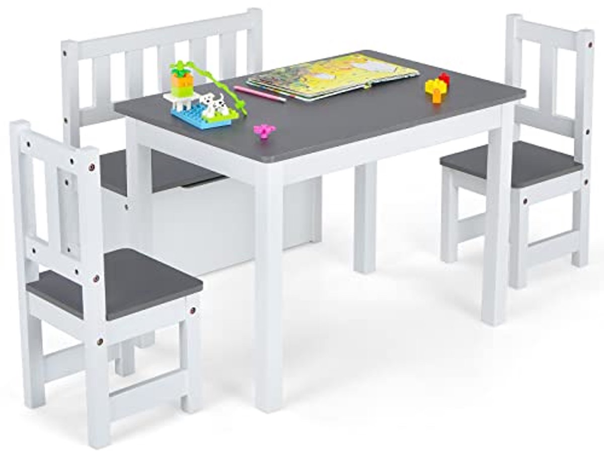 Kindertafel met 2 Stoelen en Opbergbank - Houten Tafel voor Kinderen van 3-7 Jaar