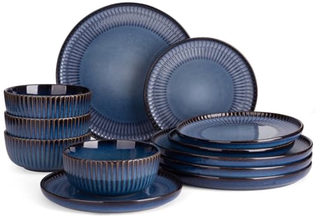12-delig geribbeld servies voor 4 personen, anti-kras en magnetronbestendig, blauw