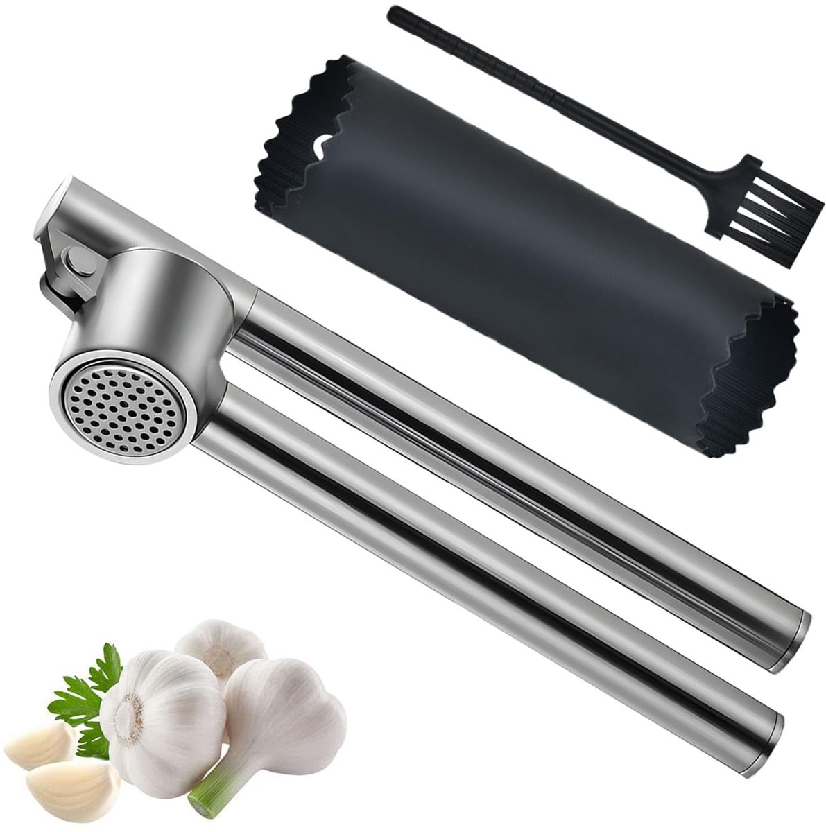 Ibenzoa® Roestvrijstalen knoflookpers met ergonomische handgreep en schiller