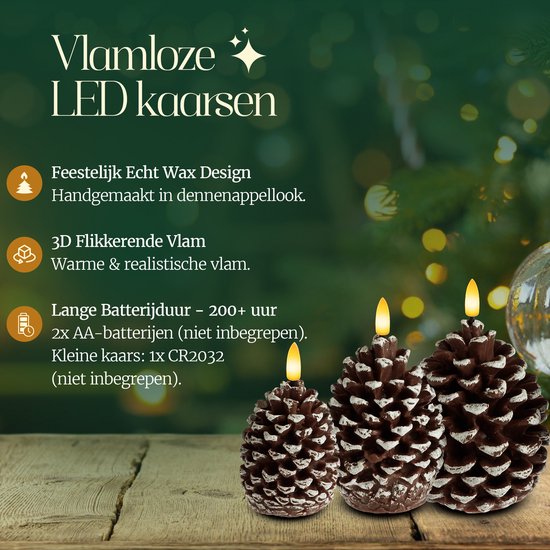 Drie bruine wax LED-kaarsen in dennenappelvorm met witte accenten en warme vlammen.