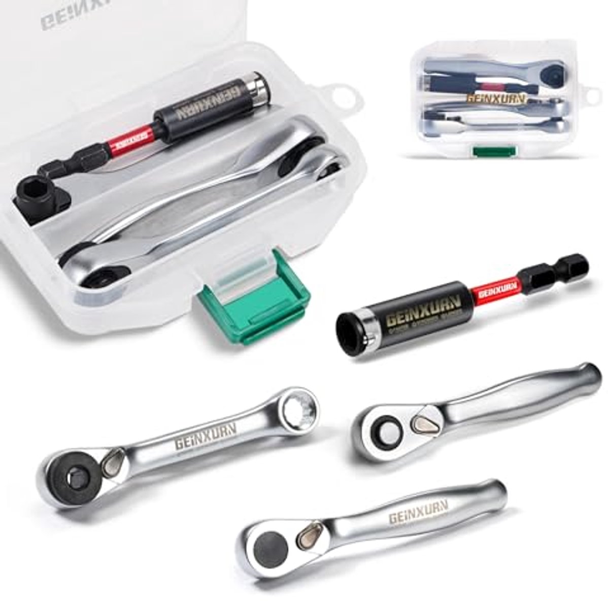 Mini Ratelsleutel en Bit Houder Set - 4 Stuks, 1/4" Drive, 72-Tands Mechanisme, Ideaal voor Krappe Ruimtes