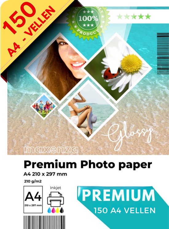 Fotopapier A4 - 150 Vellen - Mega Pack Maxenza Glossy Fotopapier A4 210g/m² - Wit - FSC Gekeurd - Duurzaam & Hoogwaardig voor Perfecte Afdrukken