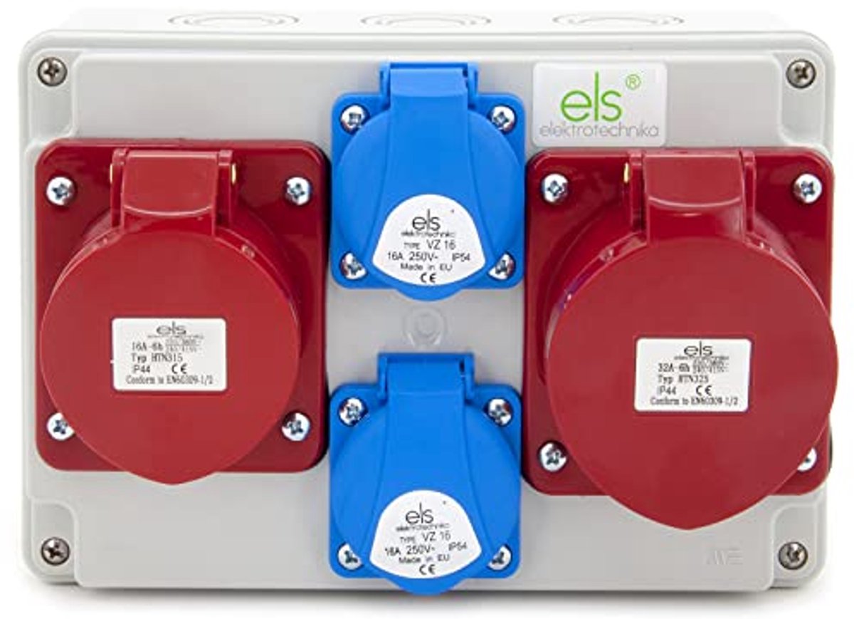 Stroomverdeler wandverdeler 2 x 230 V Schuko + 1 x CEE 32 A + 1 x CEE 16 A - Bouwstroomverdeler voor binnen en buiten, ideaal voor werkplaatsen en fabrieken