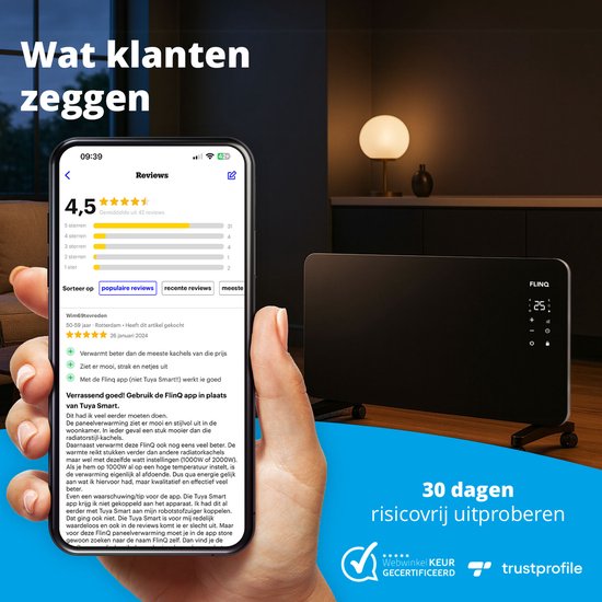 Hand die een telefoon vasthoudt met het FlinQ-app venster en verwarmingskachel met display.
