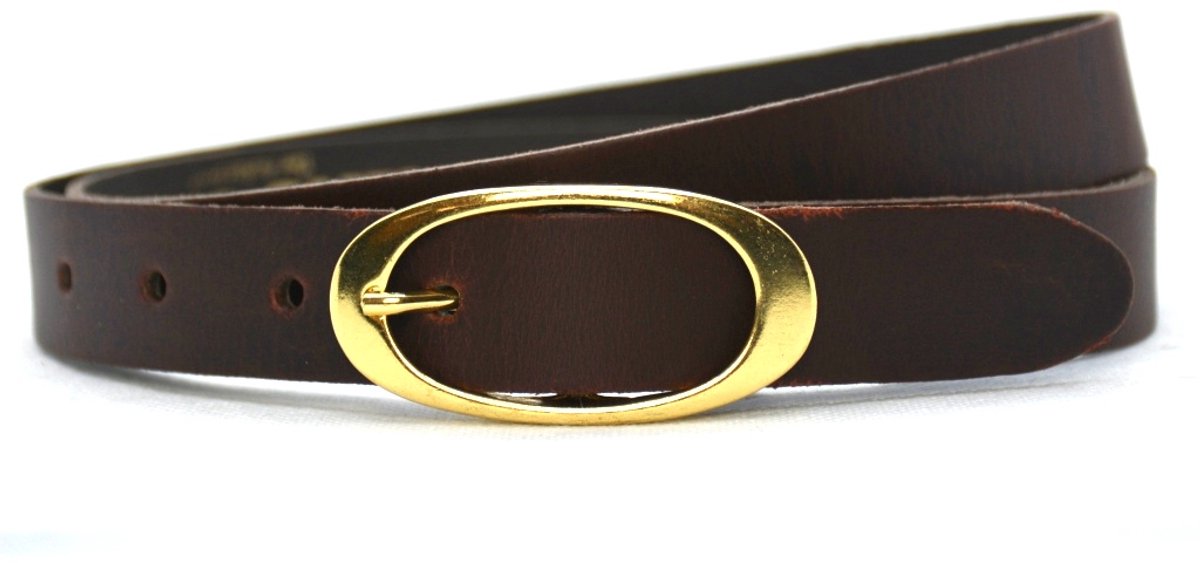Take-it Dames Riem Leer Bruin – Breedte 2.5 cm – Leren Vrouwen Riem - Lengte totaal 120 cm / Riemmaat 105 - Ovale gouden gesp