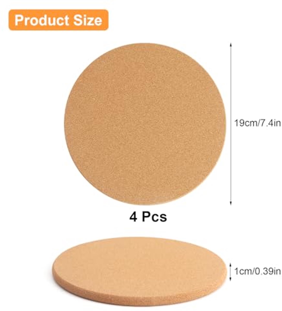 Set van 4 ronde kurken onderzetters van 19 cm - hittebestendig en herbruikbaar