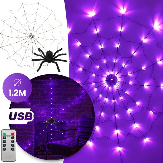Halloween LED Spinnenweb - Inclusief Grote Spin - 50 LED lampen - Paars - 8 Standen - Halloween Decoratie – Halloween Lichtsnoer - Halloween Verlichting & Versiering – Binnen & Buiten