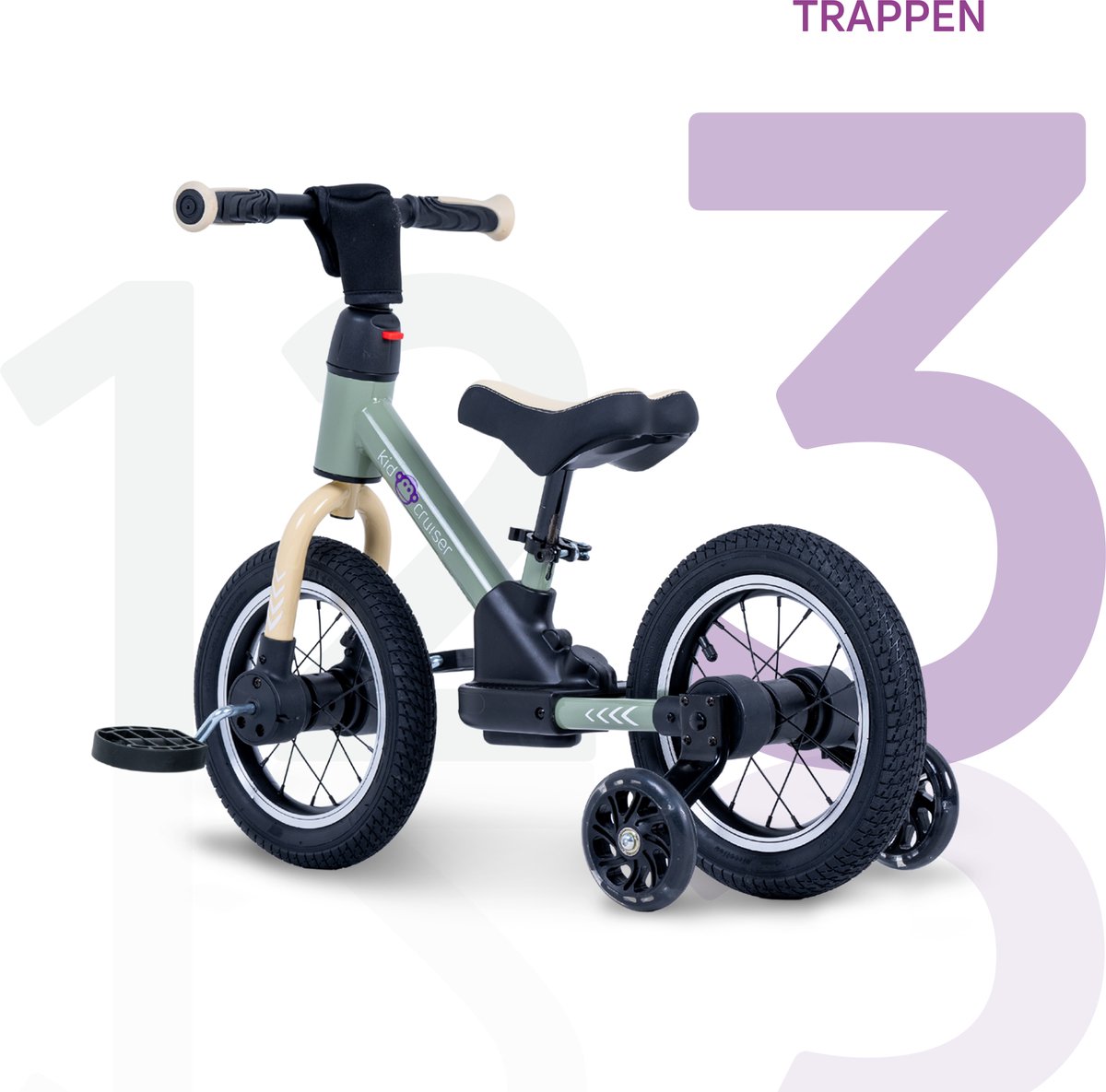 Kidcruiser Loopfiets 2+ jaar - Optioneel met LED Zijwieltjes & Trappers - 3-in-1 Kinderfiets - 12 inch – Lichtgroen – Modulair Design — afbeelding 7