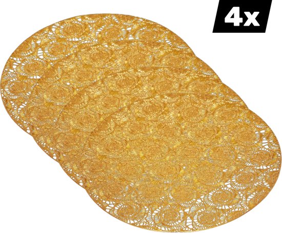4x Placemat Aster - Vinyl Crochet Placemats - Rond 39.5 cm - Hittebestendig - Chique - Feesttafel - Anti-slip Onderlegger - Placemat - Set van 4