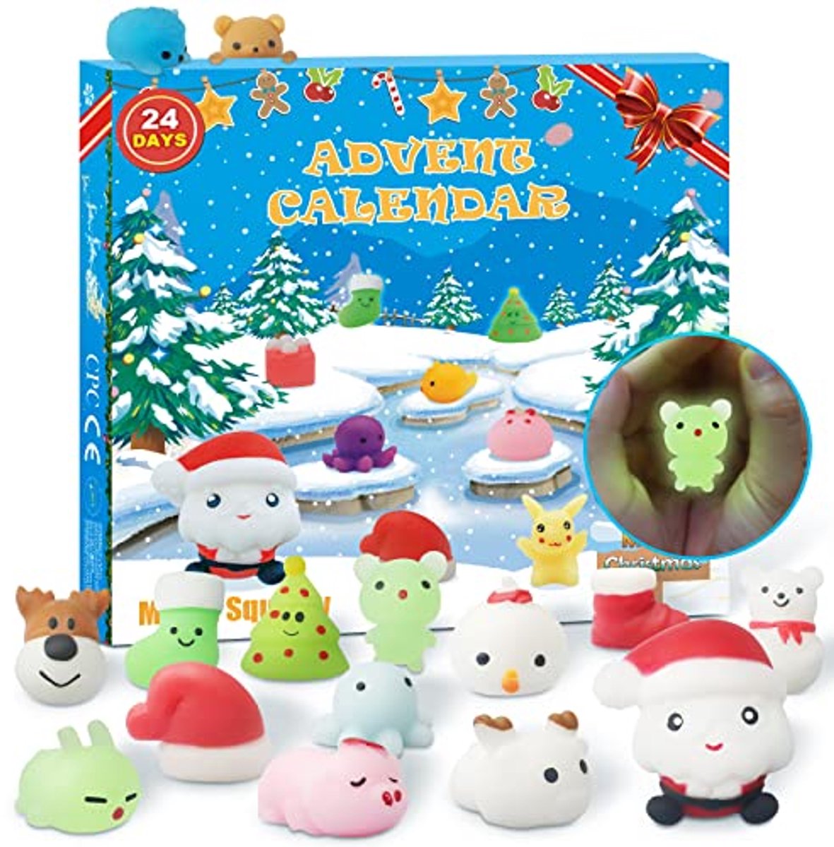 Adventskalender 2024 met 24 Luminous Mochi Squishies voor Kinderen - Leuk en Charmant voor Kerst