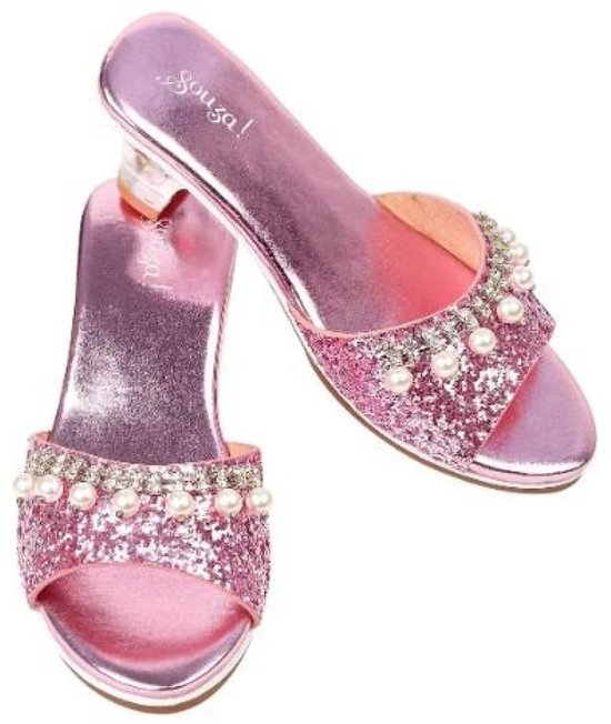 Mules roses métalliques à paillettes avec perles et strass. Logo Souza! sur la semelle.