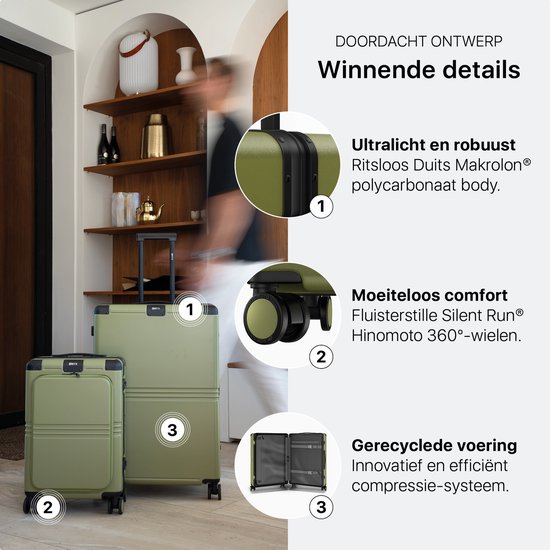 Twee olijfgroene koffers, klein en groot. Details: lichtgewicht, robuuste body, stille wielen en gerecyclede voering met compressiesysteem.