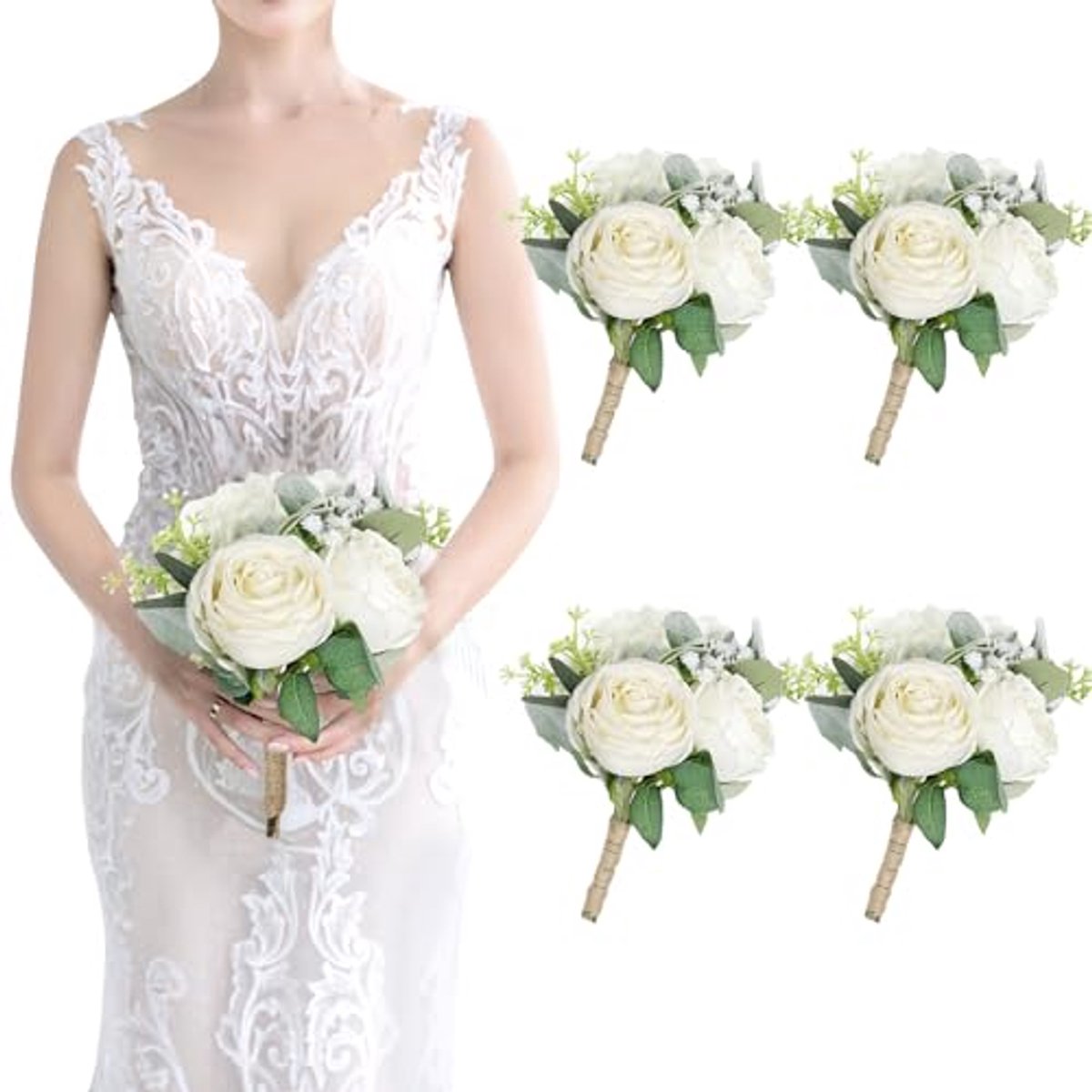Bruidsmeisjesboeketten Set van 4 Ivorkleurige Kunstbloemen voor Bruiloft en Feesten