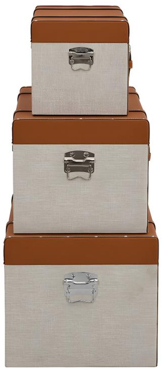Vente-unique Set van 3 koffers in dennenhout en MDF - Bekleding in kunstleer en stof - 3 maten - Bruin en taupe - JACINTO
