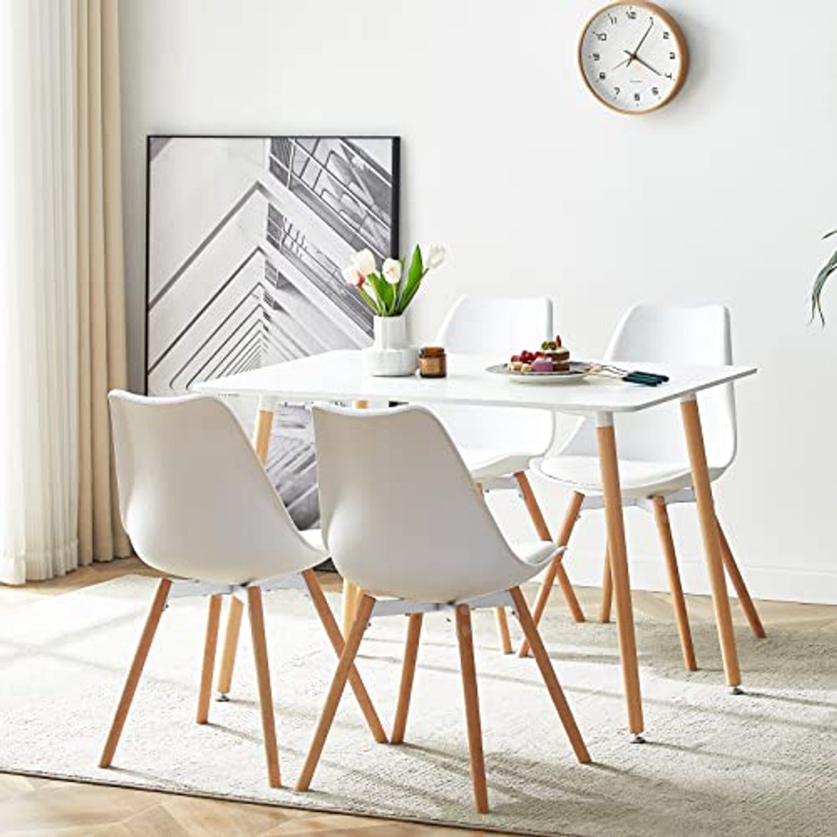 Rechthoekige Eettafelset met 4 Stoelen - Wit