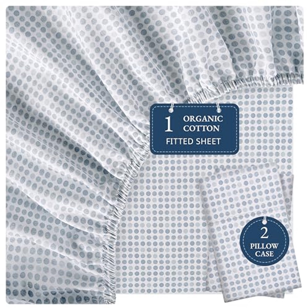 Image of 100% Organic Cotton Full Fitted Sheet Set - Ultra Soft and Breathable - 3 Pieces (Fitted Sheet + 2 Pillow Cases) - Fits Mattresses Up to 38cm - Dots