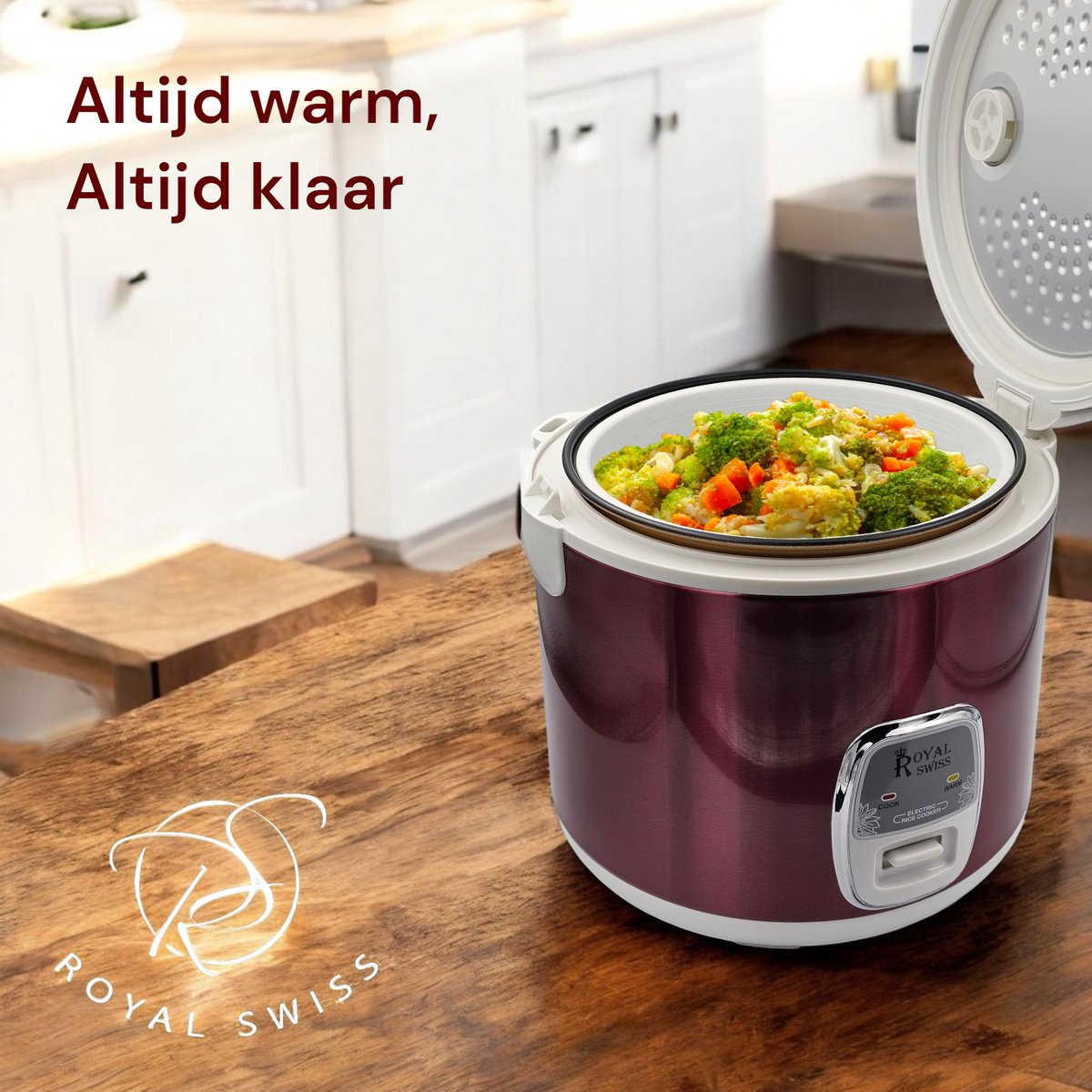 Royal Swiss – Rijstkoker 2.8L – Elektrische Rijstkoker in Donkerrode Kleur – Antiaanbaklaag, Warmhoudfunctie & Stoommandje thumbnail 3