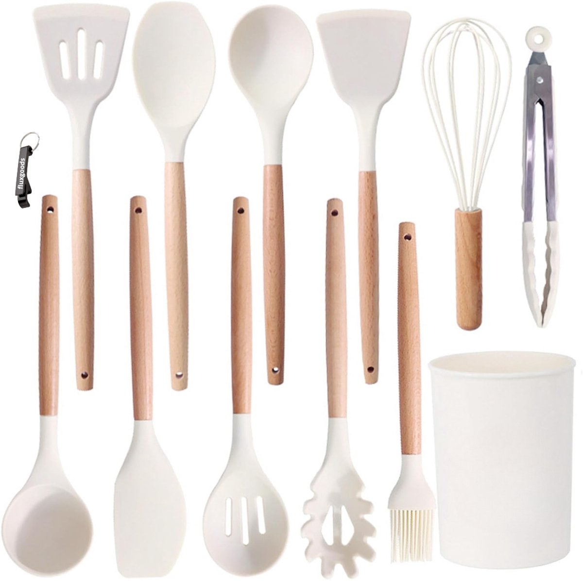 13-delige Non-Stick Siliconen Keukengerei Set met Houten Handvatten | Hittebestendig Kookgerei met Opbergkoker | Krasvrij, BPA-vrij, Anti-aanbak & Makkelijk Schoon te Maken - FluxGoods - Wit