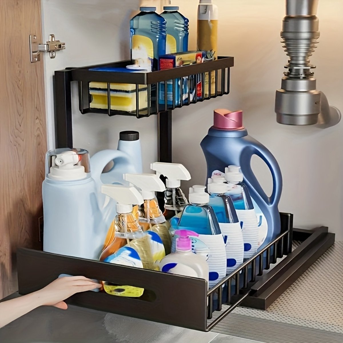 Keukenkast Organizer - Gootsteenkast Organizer - Uitschuifbare lade - Antislip - Aanrecht Organiser - Keuken Organizers - Badkamer organizer - Gootsteenkast - Zwart
