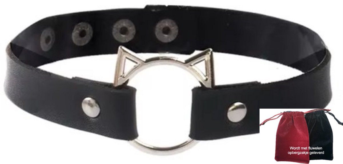 Choker met kattekop – Gothic PU-leer Halsketting – Verstelbaar – Geschikt voor 40 cm hals