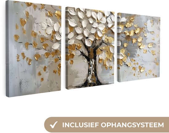 Drie losse canvas panelen met een boom met gouden en witte bladeren, met het label 'inclusief ophangsysteem'.