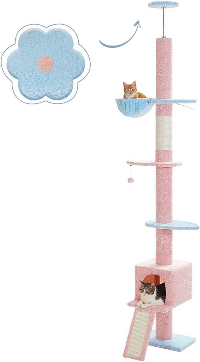 Kattenu TreeTower – Hoge Plafond Krabpaal – Verstelbaar van 210-274 cm – Blauw/Roze – Inclusief Hangmat en Katten huisje
