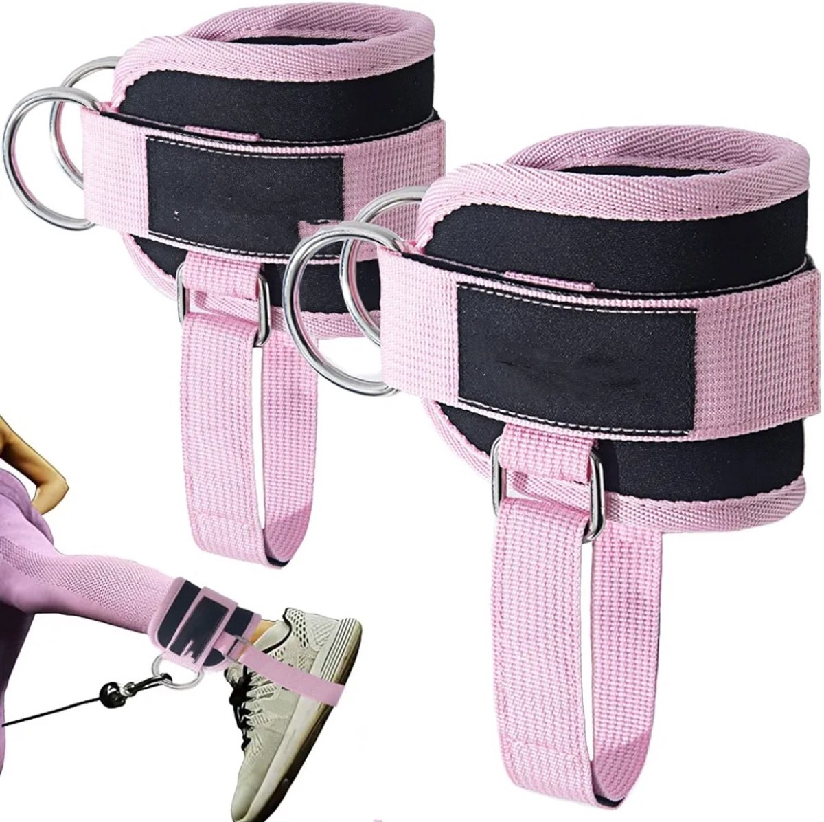 2x Ankle Straps - Met riemschijven - Enkel straps - Enkelband Fitness - Lifting Straps - Enkelbandje - Ankle Cuff Strap - Voetlussen - Sport Beenband Straps - Kabelmachine - Sport Beenband Straps voor Fitness - Krachttraining - Verstelbaar - Roze
