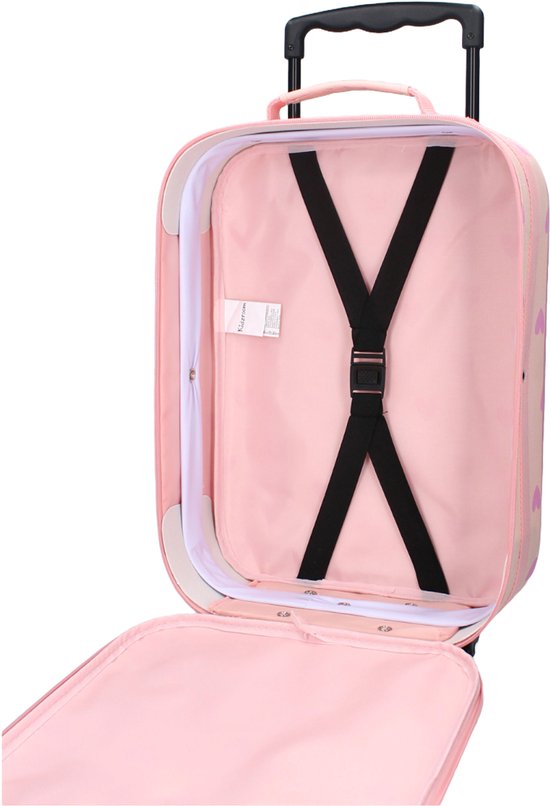 Open roze koffer met lichtroze hartjespatroon, zwarte draagbanden en uitschuifbaar handvat.